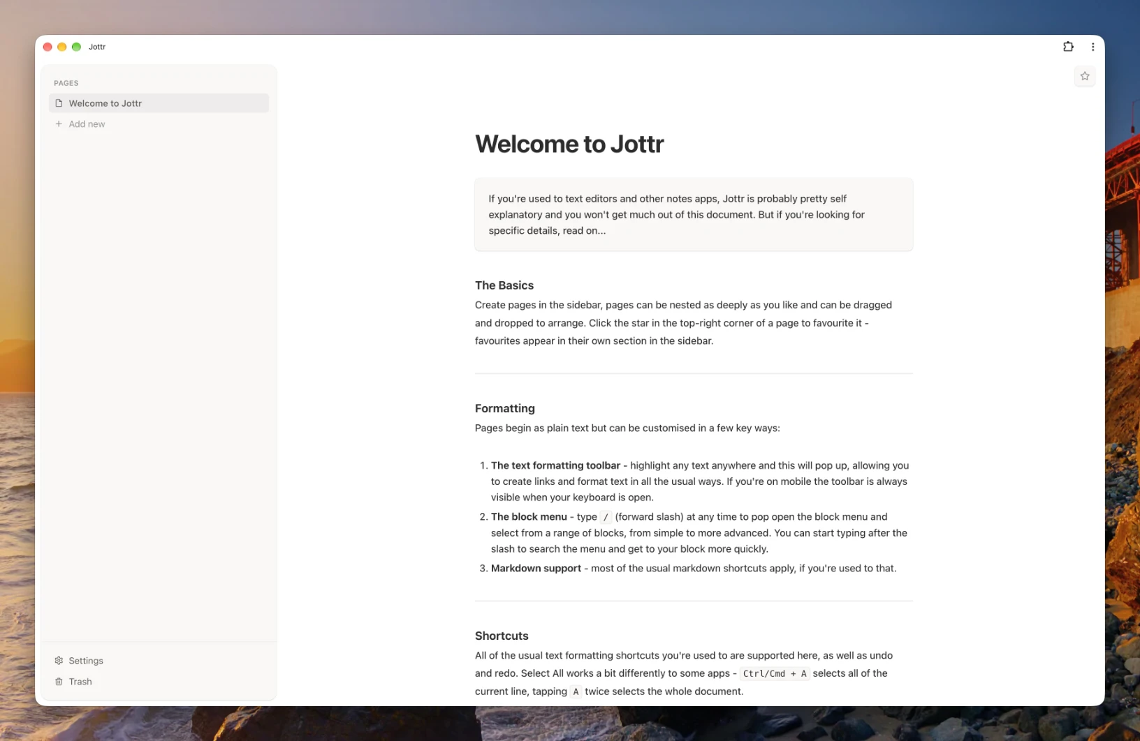 Jottr open on a desktop, showing the page sidebar and the Welcome to Jottr note
